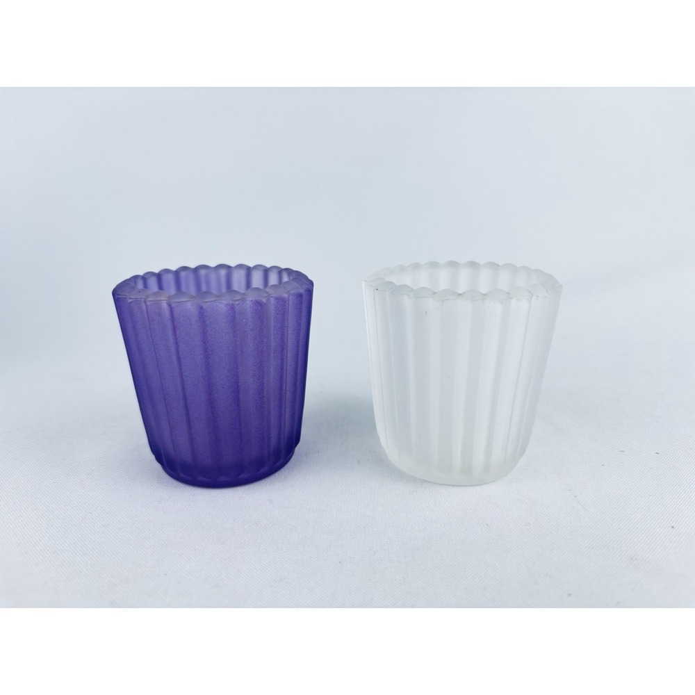 Lot‎ Of 2 Ganz Ribbed Frosted Glass Votive Candle Holders Purple White Tea Light